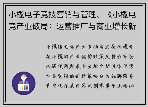 小榄电子竞技营销与管理、《小榄电竞产业破局：运营推广与商业增长新路径》》